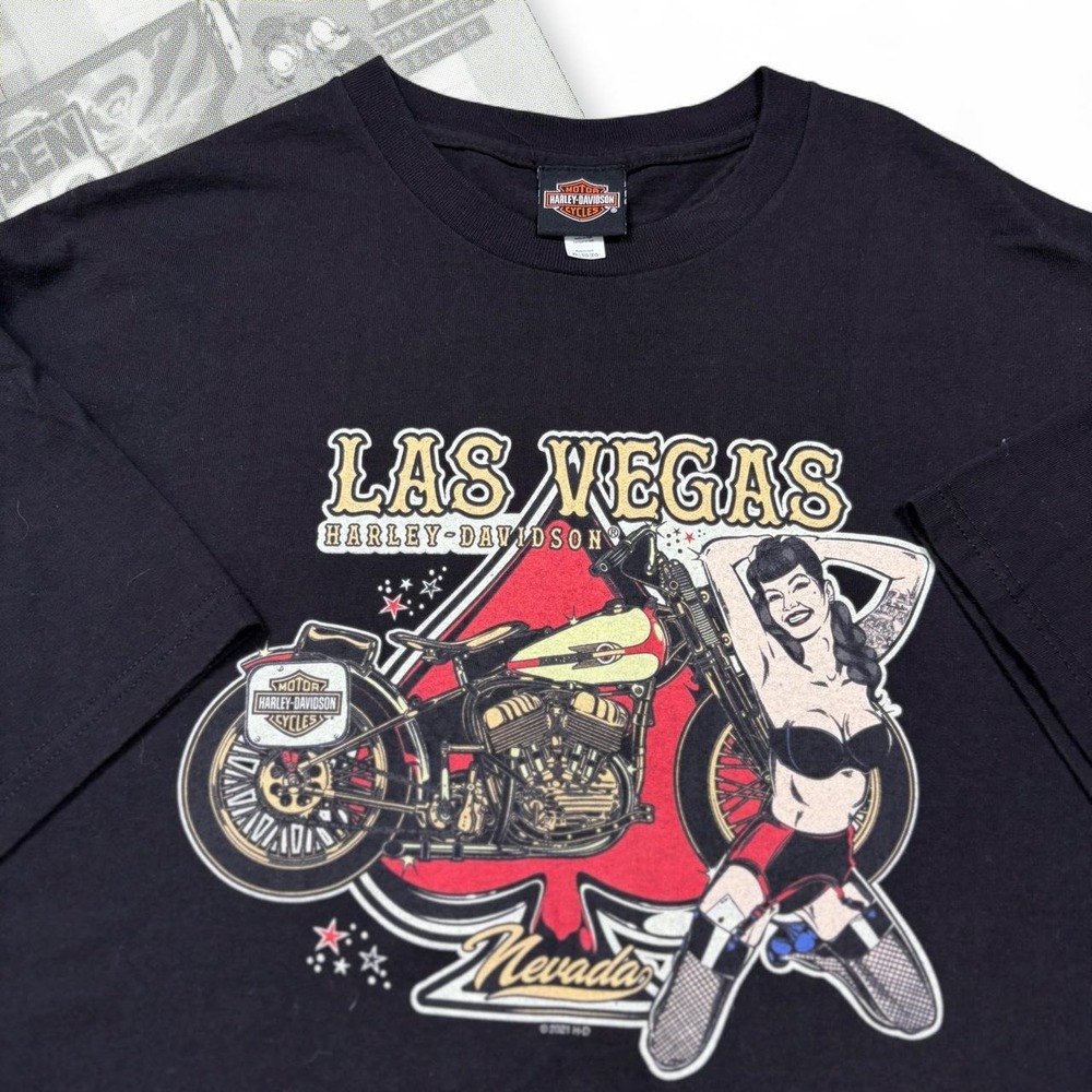 Vintage Y2K Black Harley Davidson Las Vegas Nevada Pin Up Girl Graphic Tee Shirt